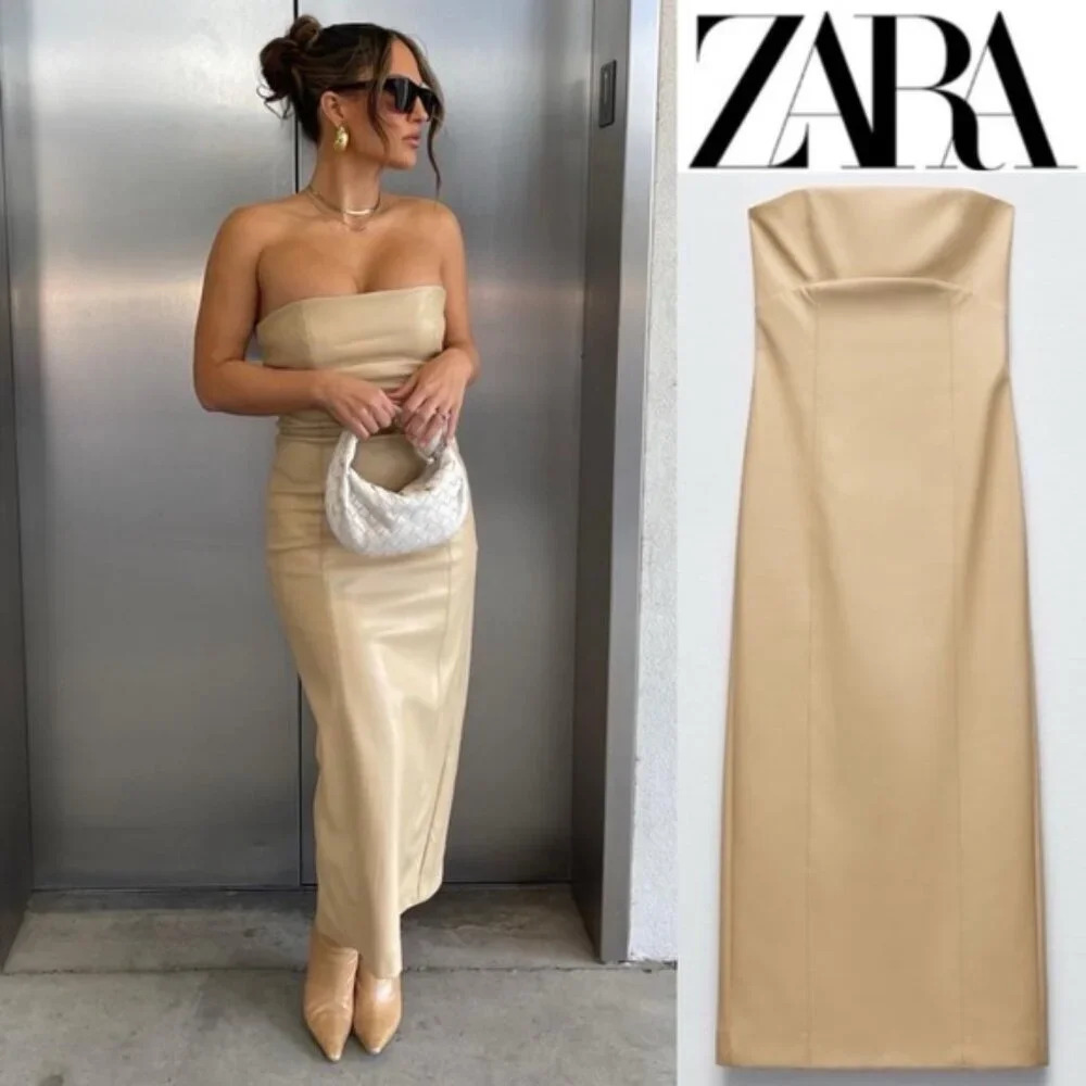 Zara Faux Leather Strapless Midi Dress Beige Blogger Fav Size Small